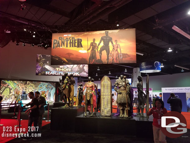 The Marvel area featured costumes and props from the upcoming Thor and Black Panther Films.