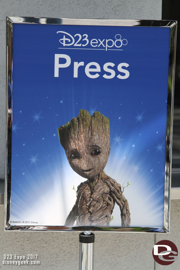 Baby Groot on the sign marking the Press entrance.