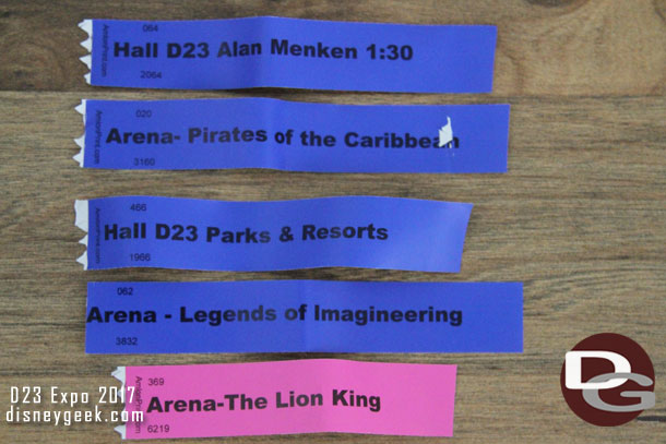 My final wristband collection from the Arena and Hall D23 presentations I attended.