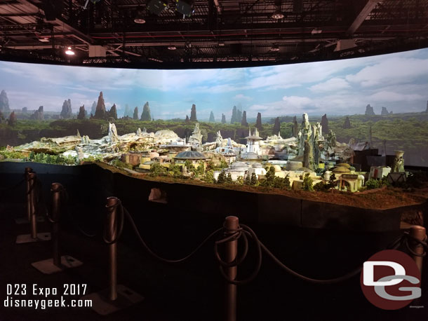 A wide view of the model before everyone moved closer.  To help with orientation we are looking almost due north at Disneyland.  The Critter Country entrance is on the far left, the opening in the middle is the entry closest to Big Thunder and on the right is the one closer to Fantasyland.