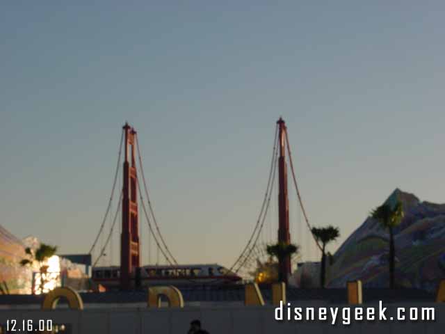 The monorail going across the bridge.