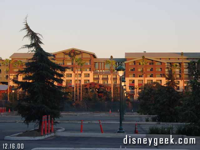 Looking back at the Grand Californian through a parking lot.