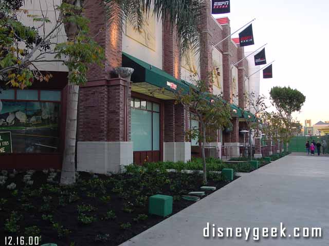 The walkway by the ESPN Zone is all open and landscaped.