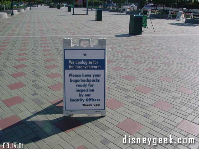 Upon entering the Disneyland Resort you are now greeted with several signs saying that your bags will be inspected. This one is at the bottom of the M&F escalators. 