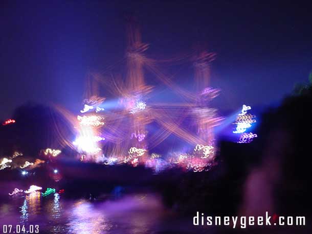 An overexposed Columbia rounding the bend during Fantasmic