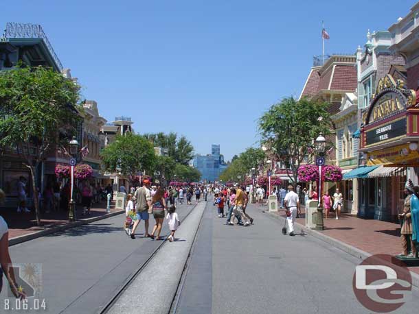 Entering Disneyland you can see the bright blue tarp all the way down the street.