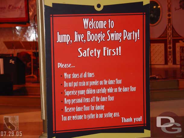 A sign with the rules for Swing Dancing at Carnation.. I never remember seeing this.  They had one on each entrance to the dance floor.