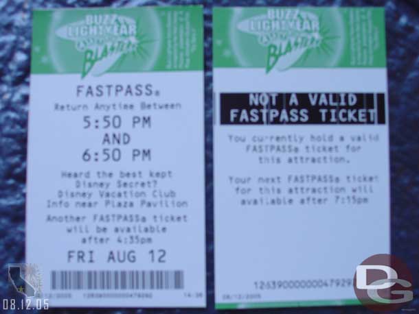 Wow a new Fastpass rule.. I had one for Buzz (on the left) and it says I can get another after 4:35pm which is the regular rule.  So I went back by around 5ish and it printed the ticket on the right saying I already had one for this attraction and could not get another till 7:15.. that is new..