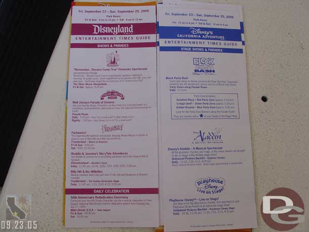 The time schedules.. notice the bottom left, the replaying of the Disneyland Dedication is done daily in the morning, nice touch.