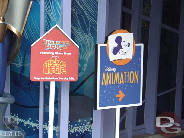 Signs advertising the new things in the Animation Building (we went inside and no Chicken Little characters were around)