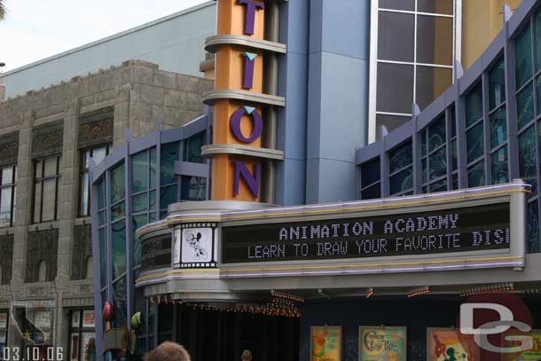 On the animation sign notice a new picture of Mickey (it may have been there for a while but I just noticed it, I would venture to be this went in when the new sign went in but somehow it never dawned on me) that replaced the old listing of the attractions on the sign (I have a better shot latter)