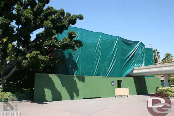 The Downtown Disney side of the monorail station is tarped off