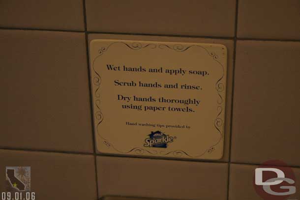 Noticed this sign in the restroom, I do not remember seeing them here at Disneyland before, WDW had them in every restroom in May when we were there.