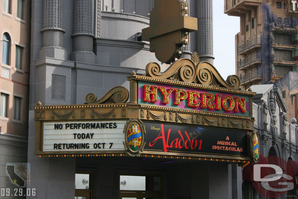 The Hyperion sign has been updated to let you know when Aladdin will be back