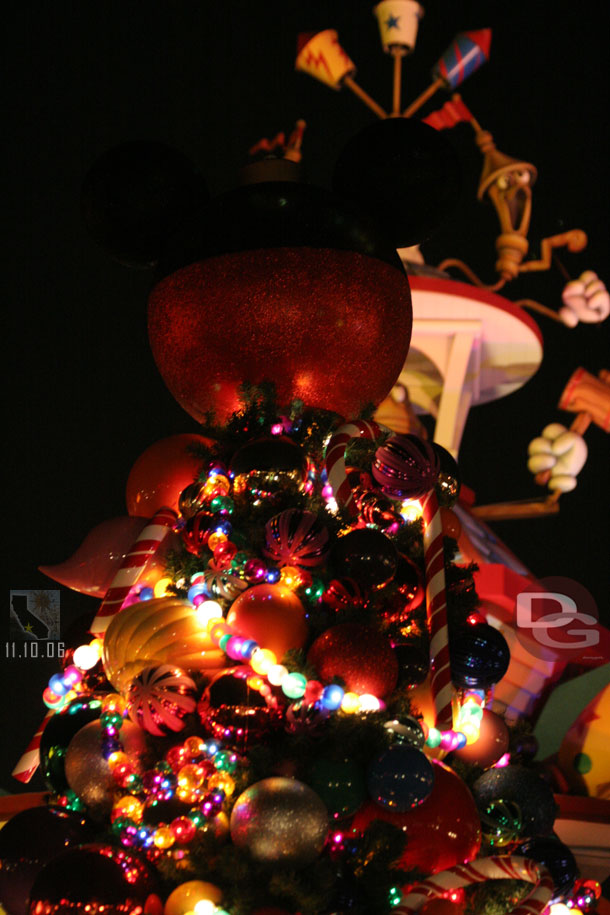 The Toontown tree, it has a giant Mickey ornament on top and is not bent over like years past (next trip I will get daylight shots)