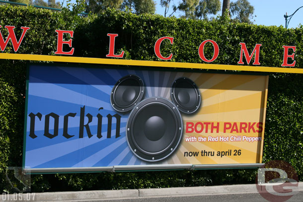 There are new signs at the tram stop advertising the Rockin the parks promotion