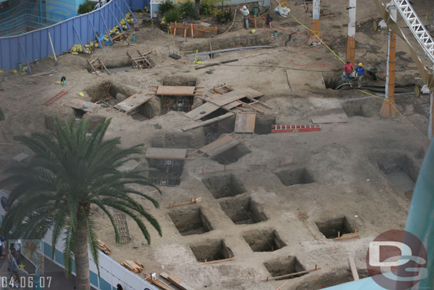 Looks like they are getting ready to start vertical construction on the front/queue building/facade of Toy Story Mania, I am assuming all these holes are for the footers the steelwork will sit on. (And for some reason I goofed up and managed to get the cage from the sun wheel in all my shots this week)