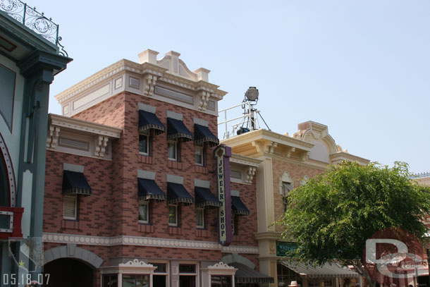 Spotlights are placed on many of the buildings for the premiere