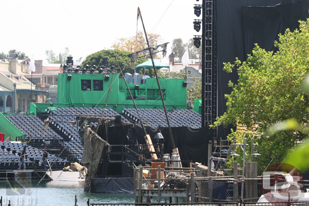 Movie props have been brought in and a stage erected in front of the screen