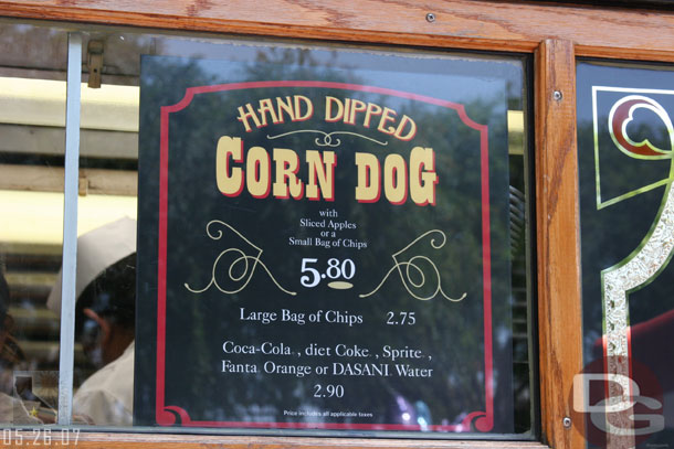 A new sign out on the Corn Dog stand (this is probably a couple weeks old, since prices went up then), noticed you can now get apple slices instead of chips.