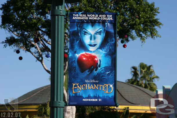 The banners around the Theater are for Enchanted (the rest of Downtown Disney have holiday banners)