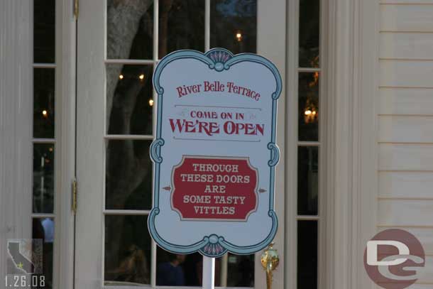 A new sign by the River Belle Terrace letting you know its open