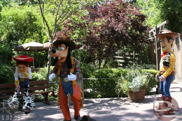 Goofy, Woody, and Jessie were out for pictures at the Ranch, here they were playing tag with each other.