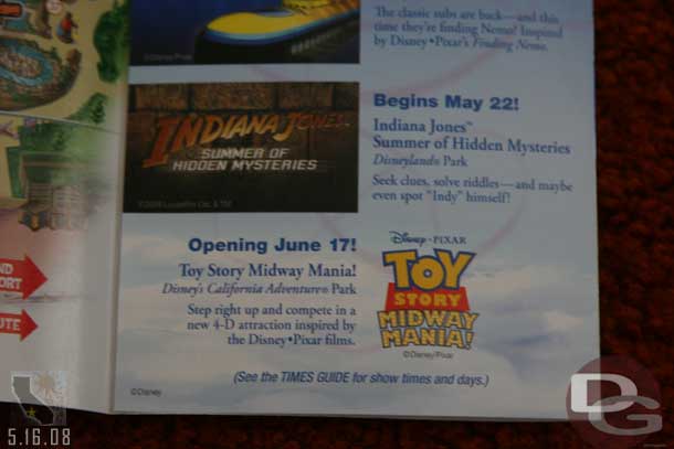 In both maps there is an ad for the opening of Toy Story Mania as well as the Indiana Jones promotion