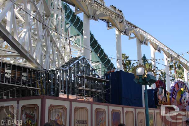 Work on the midway games facade is moving along slowly.