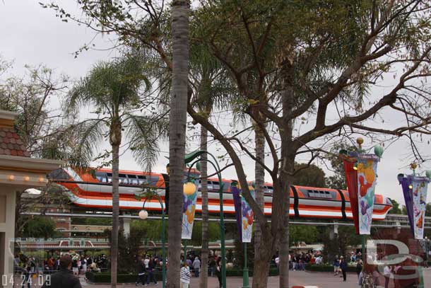 Monorail Orange was parked in front of the park as a backdrop