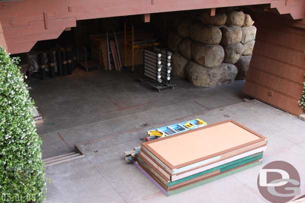Some supplies have shown up near the fireplace outside, but no other visible work