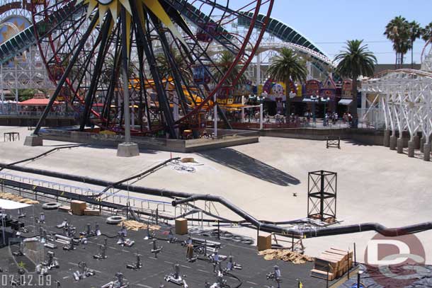 Steel structures are being installed on the concrete pads around the Bay