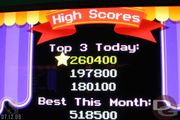 I think I figured out a good way to show up on the leaderboard on Toy Story... ride before any of the die hard gamers post a good score... bet this was overtaken within the hour, but it was cool to see my score as the top one of the day.