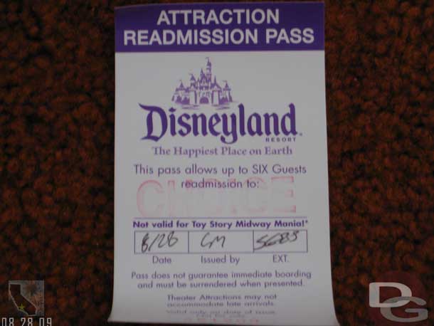 For being stuck on Pirates they gave everyone a readmission pass to an attraction of our choice (except Toy Story).