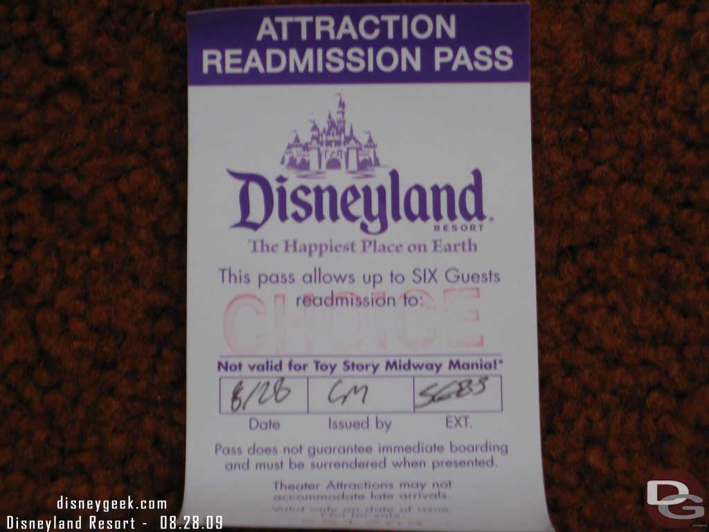 For being stuck on Pirates they gave everyone a readmission pass to an attraction of our choice (except Toy Story).