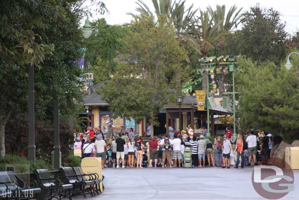 The parade was just starting as we walked by, here is where it makes the turn to head backstage by the Wharf area (through what will be the entrance to Cars Land eventually...)