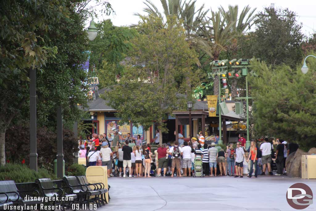 The parade was just starting as we walked by, here is where it makes the turn to head backstage by the Wharf area (through what will be the entrance to Cars Land eventually...)