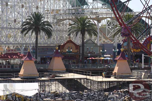 First stop the World of Color work.. the projector housing are being installed.  They look more like roof tops than lighthouses to me.