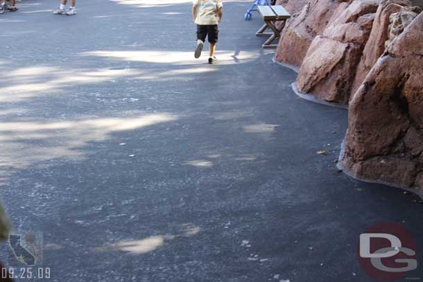 Looks like a layer of something was put on the walkway, it was already showing some signs of wear, so its rather thin.  Might be for traction when it gets wet?