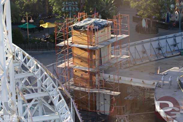 There is now scaffolding all the way around the elevator and all the stucco is gone