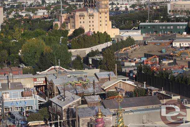 In the distance you can see the pipe work continues.  In the middle of the shot is fairly close to where the Cars Land entrance will be (right on the other side of the Wharf buildings where those trees are. (there was some discussion last update as to the angle, so thought this shot may help)