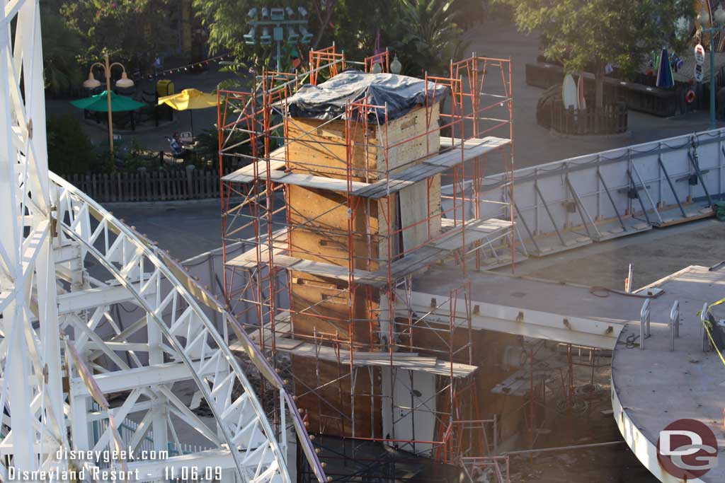 There is now scaffolding all the way around the elevator and all the stucco is gone