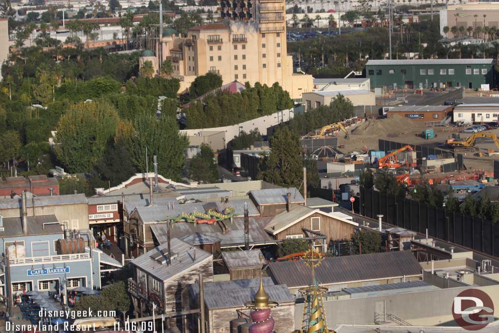 In the distance you can see the pipe work continues.  In the middle of the shot is fairly close to where the Cars Land entrance will be (right on the other side of the Wharf buildings where those trees are. (there was some discussion last update as to the angle, so thought this shot may help)