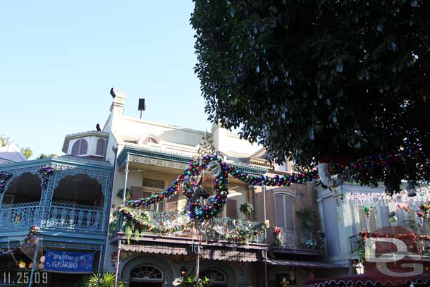 The wreath and lights that stretch over the walkway are now installed