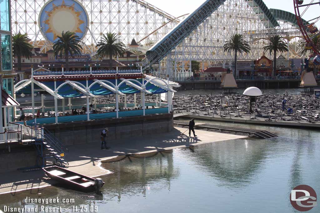 The bridge has been removed since the water level will be above that soon (by the end of the weekend according to the rumors I have seen)