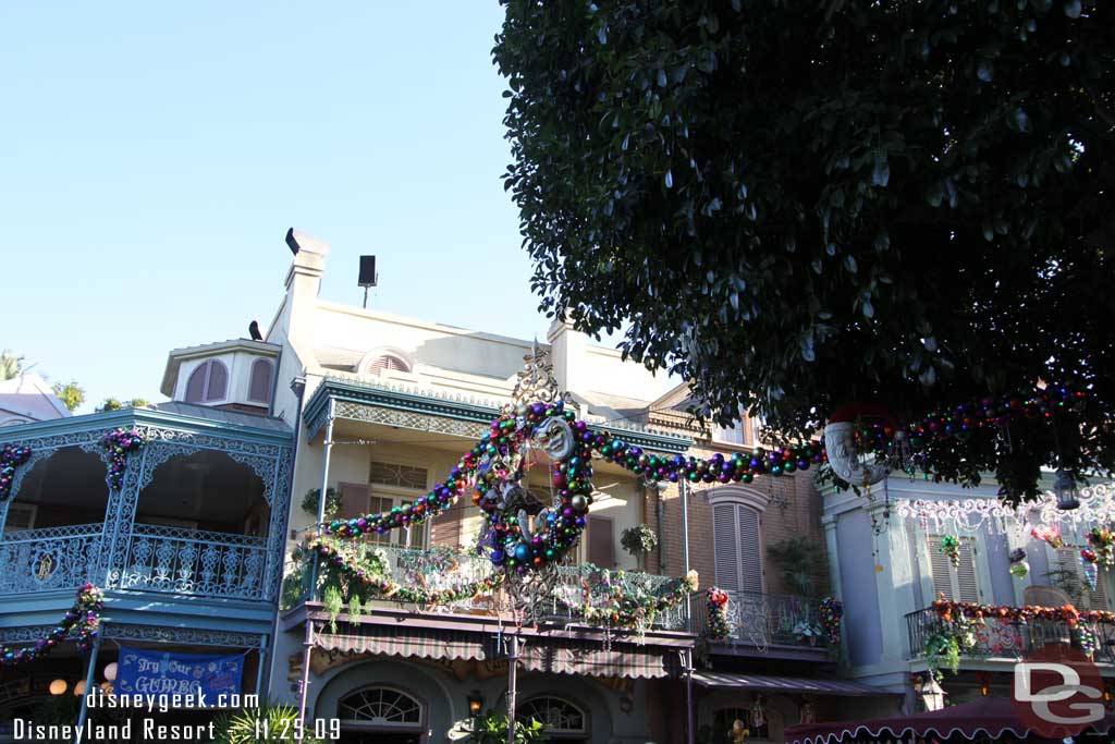 The wreath and lights that stretch over the walkway are now installed