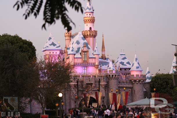 The snow is still on the castle but most of the lights have been removed.