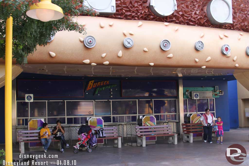 Benches have been moved to in front of the Burger Invasion