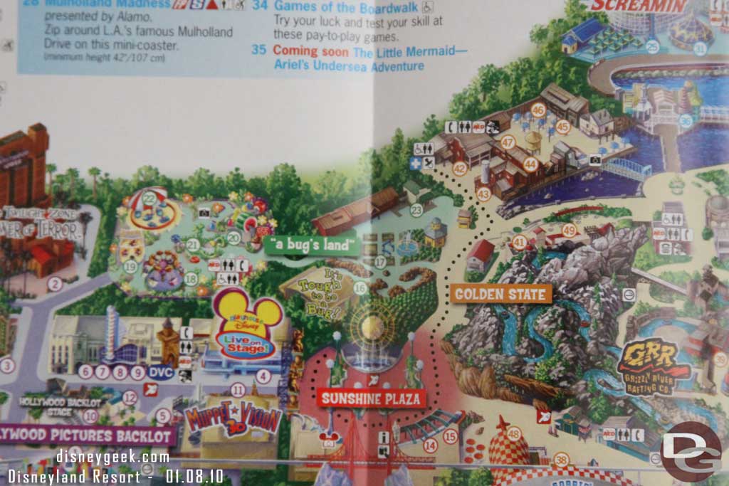 The map now shows the path from bugs land to Tower of Terror (also notice Little Mermaid is listed as coming soon)