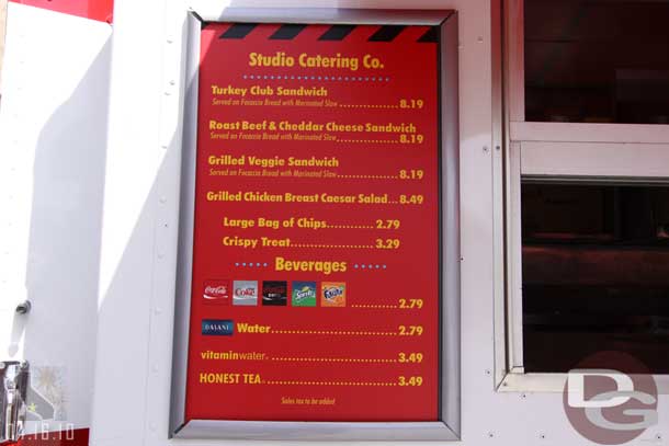 The menu at the truck in the Backlot